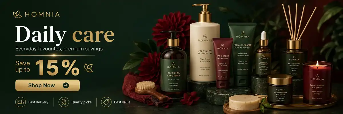 HÖMNIA daily care collection with household and personal-care essentials.
