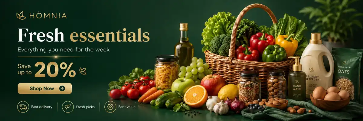 HÖMNIA fresh essentials with vegetables, pantry products and household essentials.